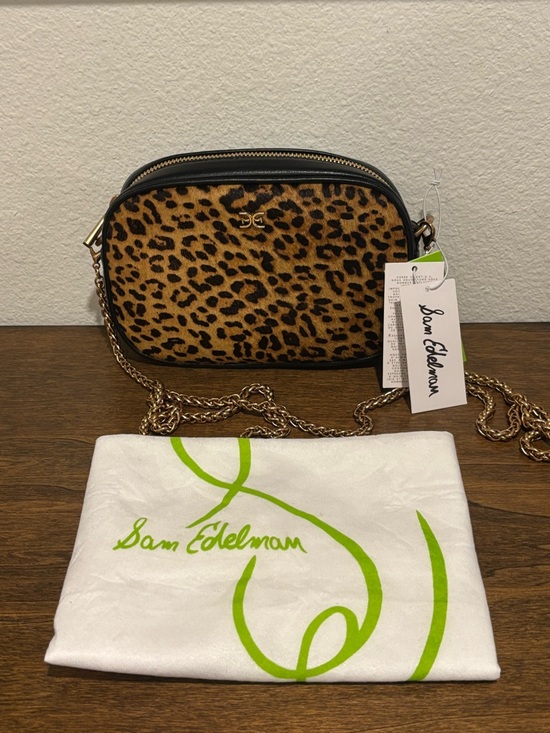 Sam Edelman Handbags - Sam Edelman Leopard Spot Calf Hair Crossbody in Brown and Black with Gold Chain